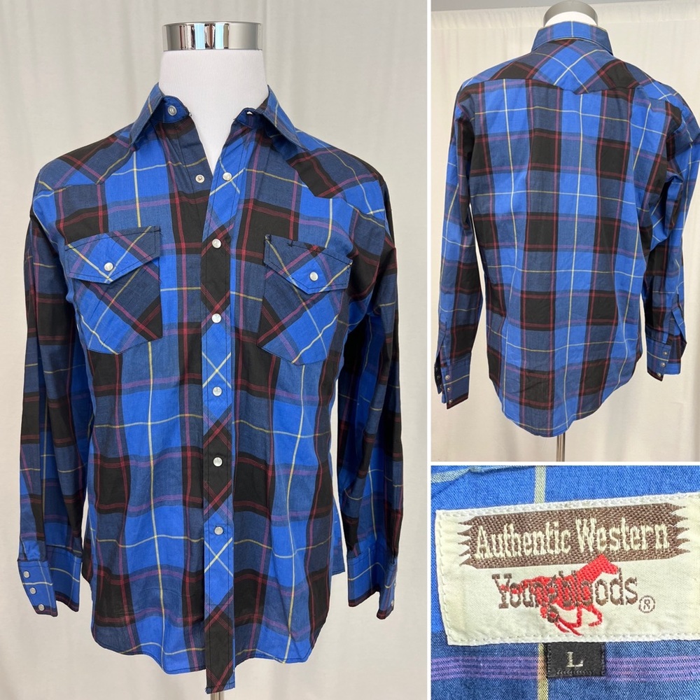 Authentic Western Youngbloods Plaid Blue Red Black Pearl Snap Long Sleeve Shirt